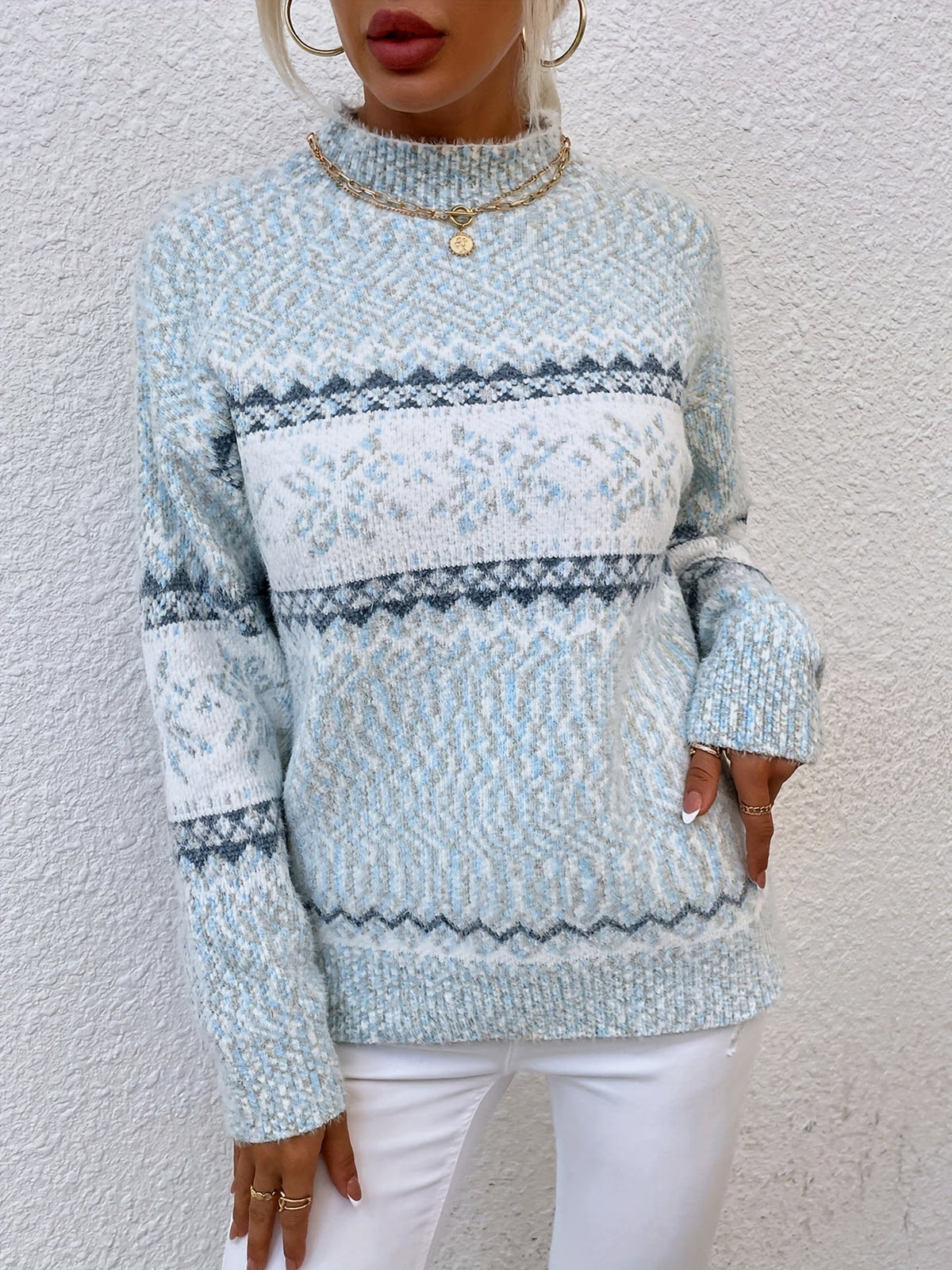 Womens Christmas sweater with snowflake pattern and mock neck