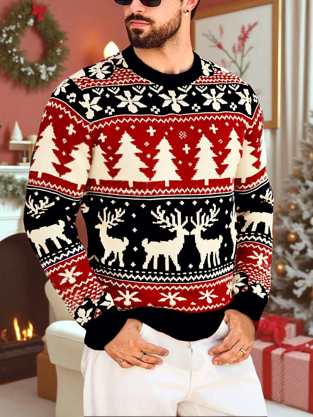 Men's ugly christmas sweater with crew neck and reindeer pattern