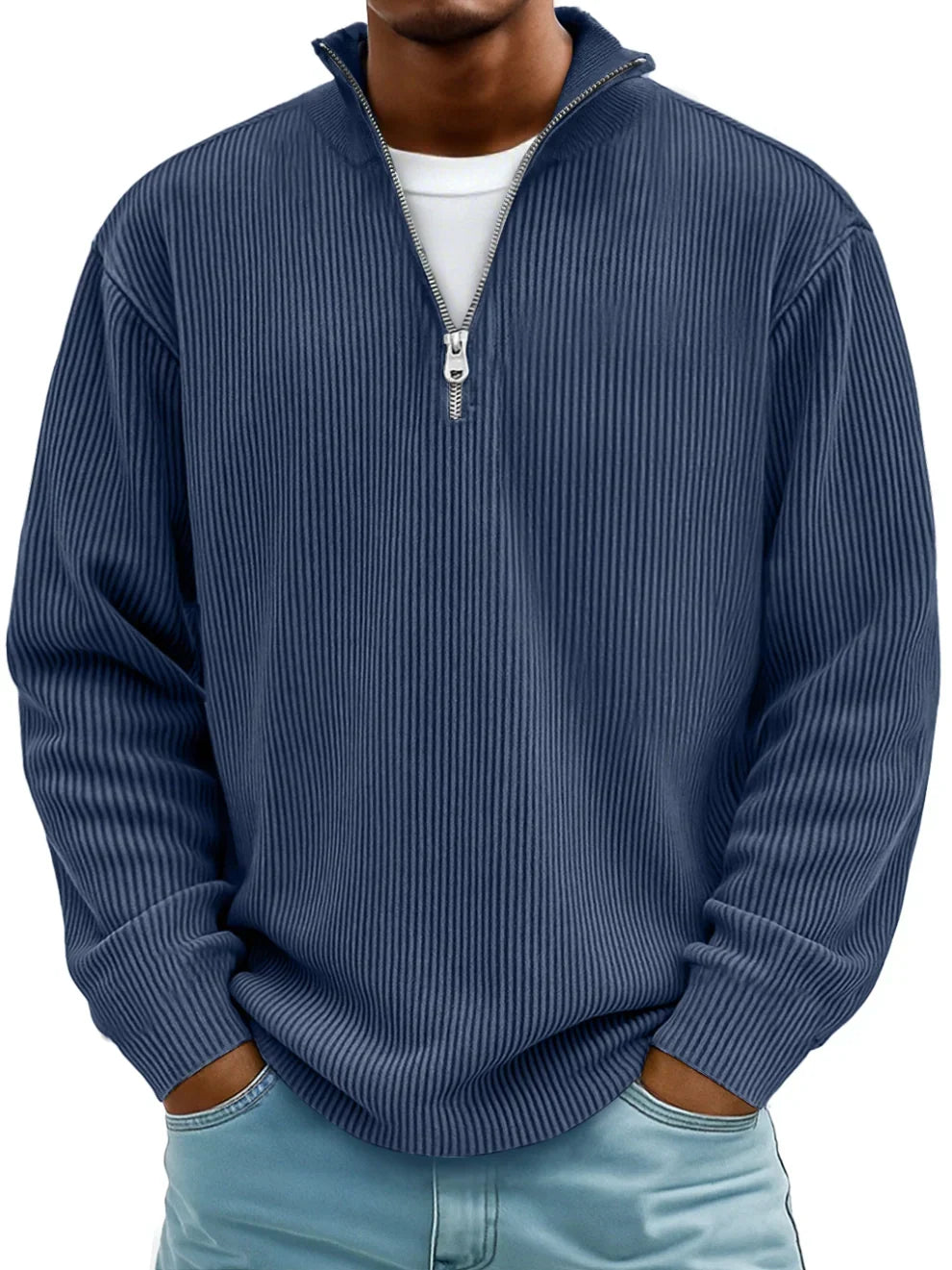Quarter zip sweater for men with ribbed knit and stand collar