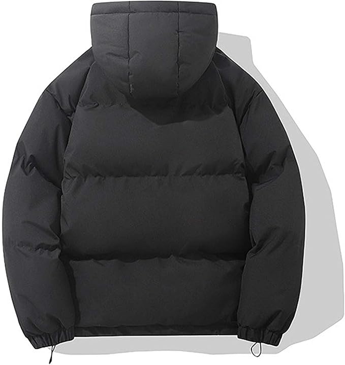 Hooded puffer jacket for women with zip front and elastic cuffs