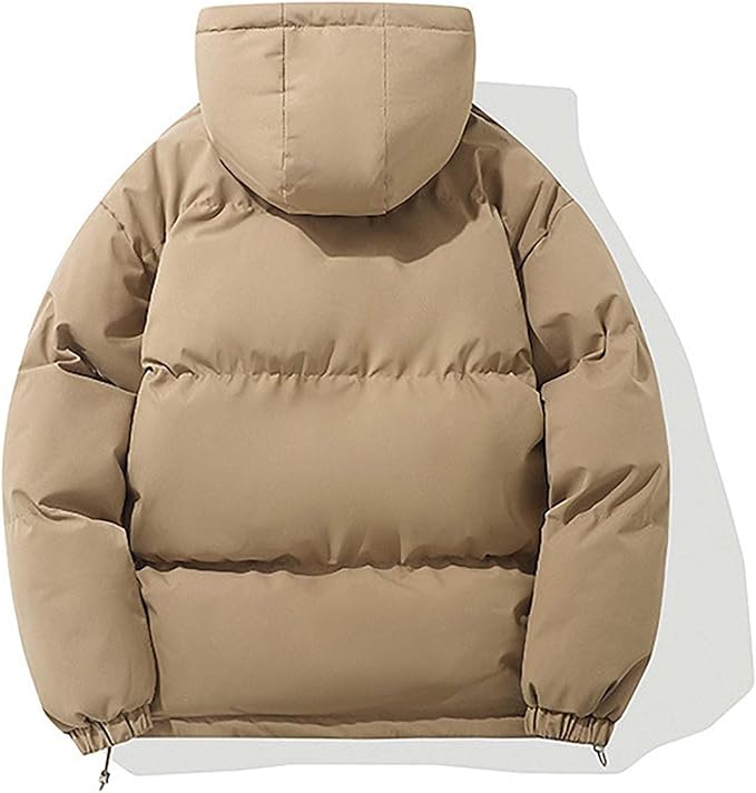 Hooded puffer jacket for women with zip front and elastic cuffs
