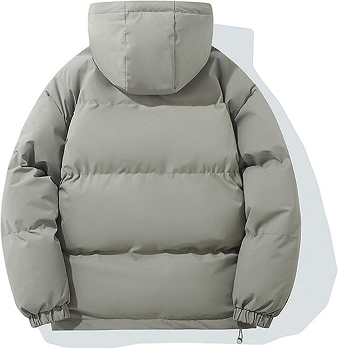 Hooded puffer jacket for women with zip front and elastic cuffs
