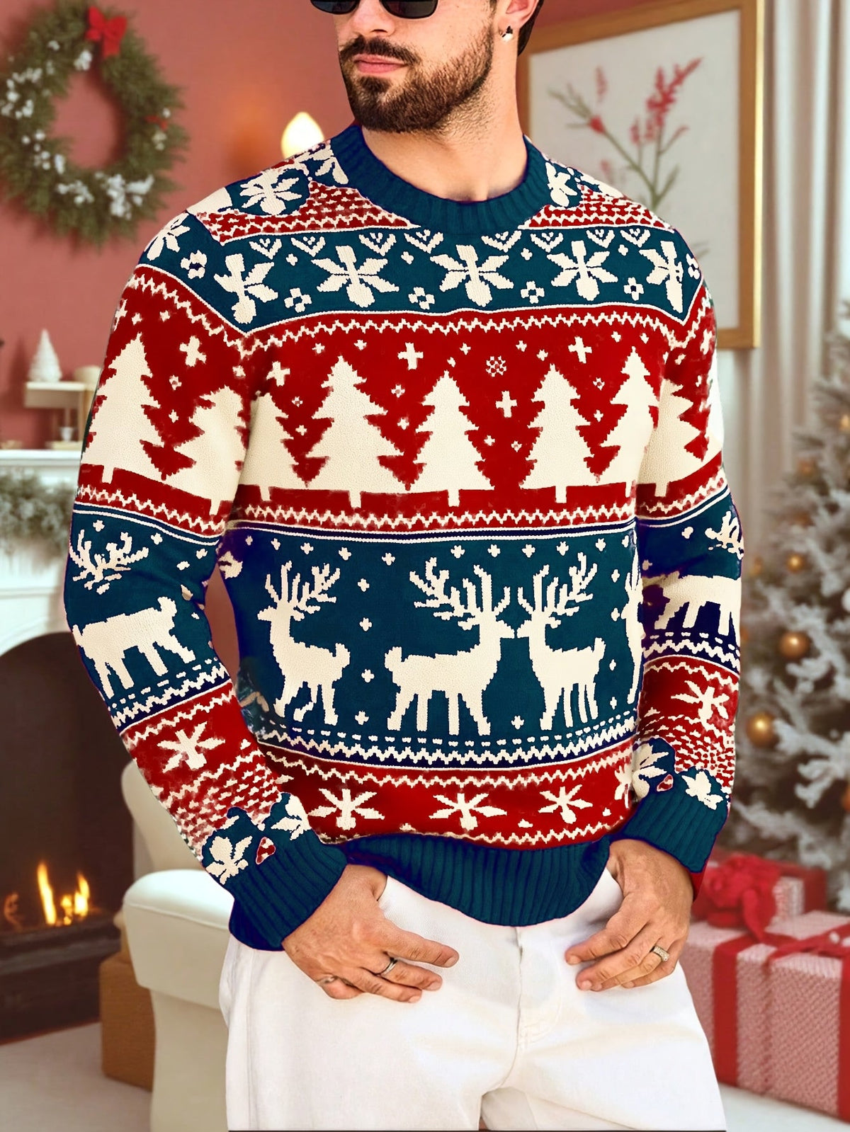 Men's ugly christmas sweater with crew neck and reindeer pattern