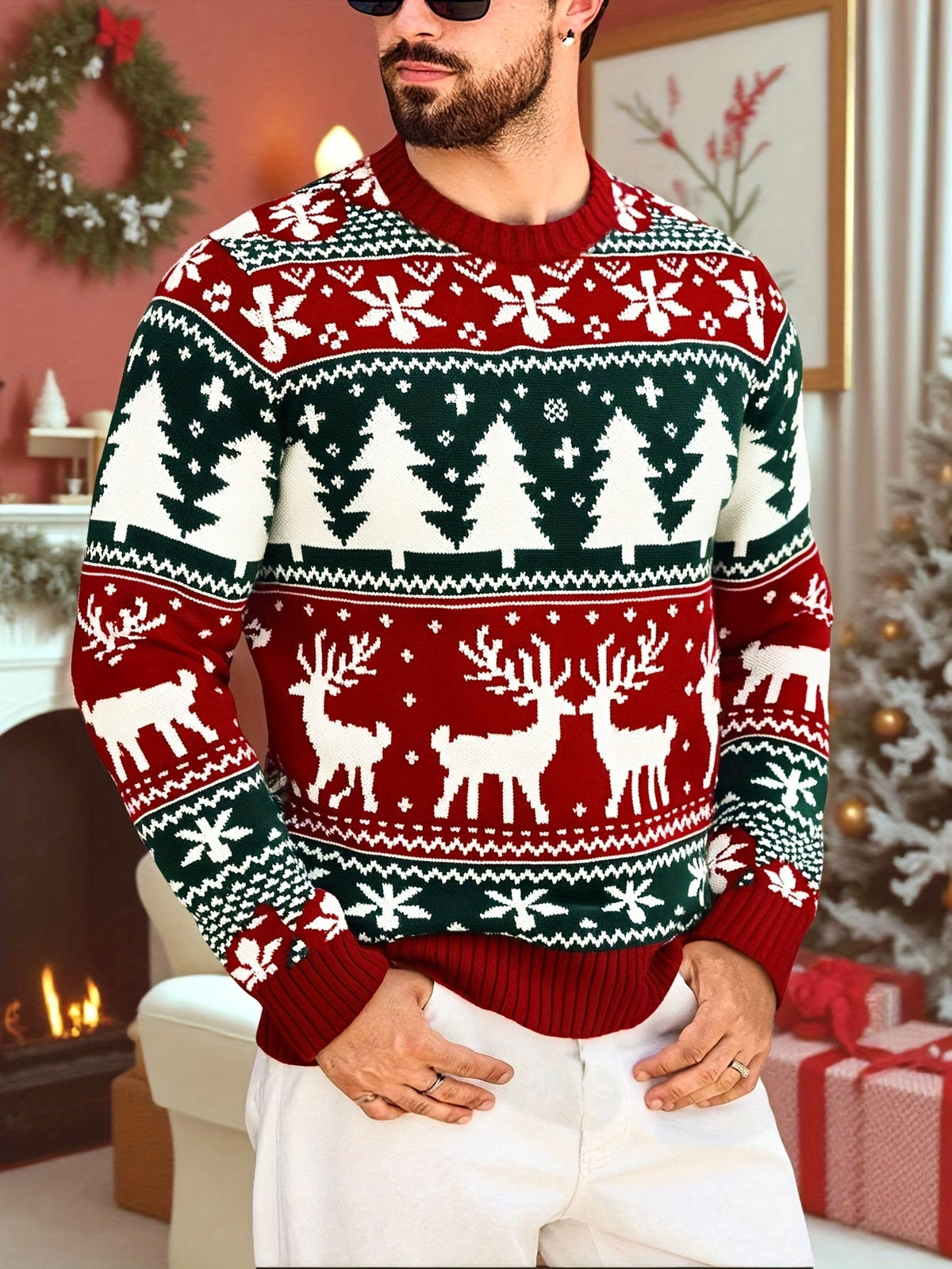 Men's ugly christmas sweater with crew neck and reindeer pattern