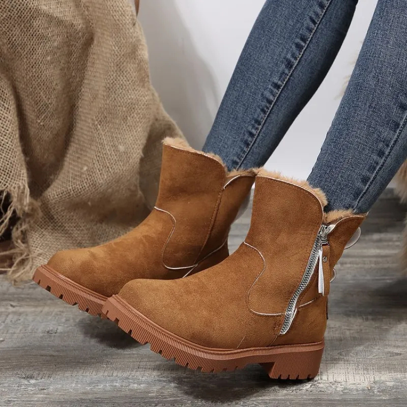 Women's winter boots with side zip, round toe and block heel, ankle height