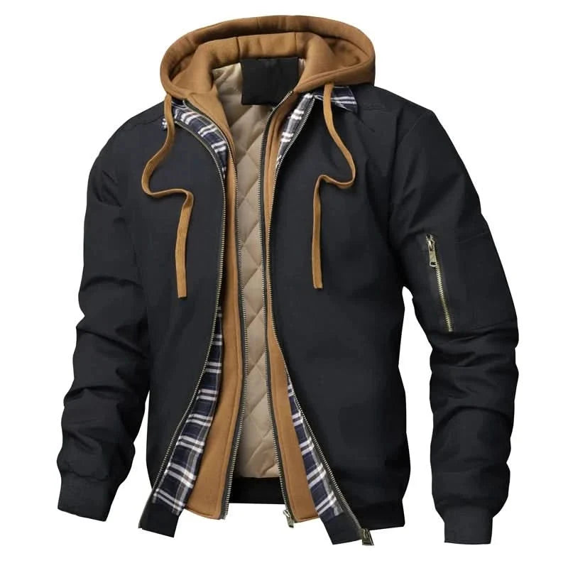 Hooded bomber jacket for men with plaid collar and sleeve pocket