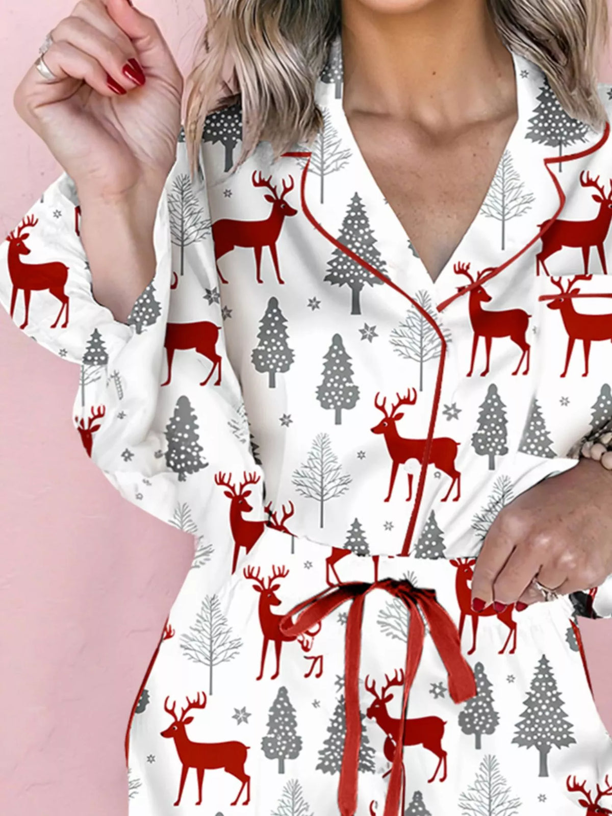 Christmas pajamas for women, long sleeve button up top and shorts set