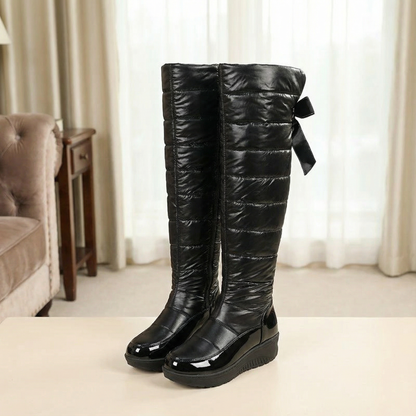 Women's winter boots, over the knee quilted puffer with wedge sole