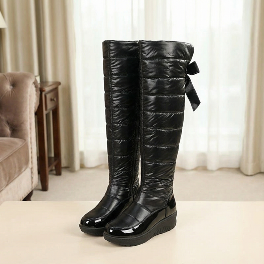 Women's winter boots, over the knee quilted puffer with wedge sole