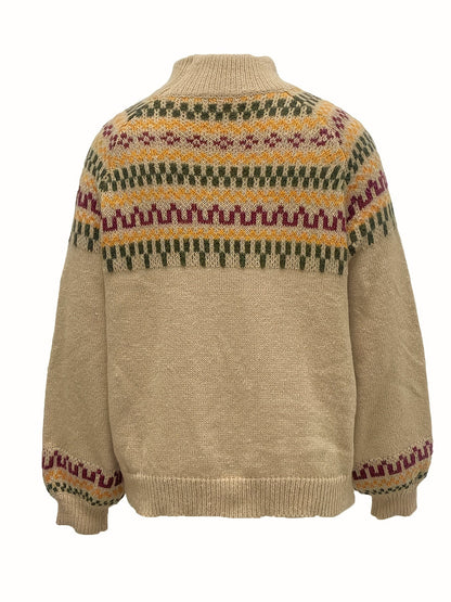 Women's sweaters with Fair Isle pattern and mock neck, long sleeve