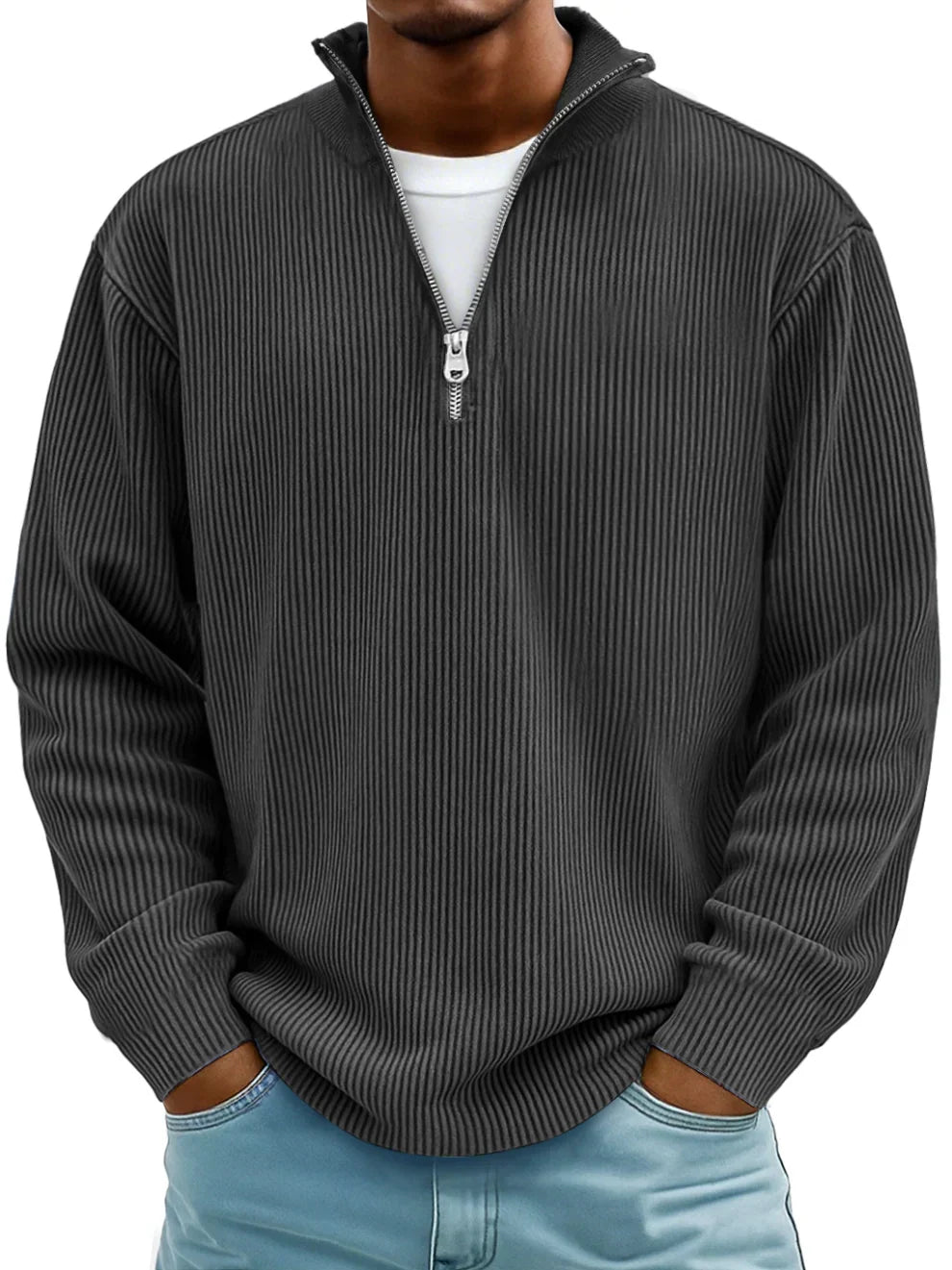 Quarter zip sweater for men with ribbed knit and stand collar