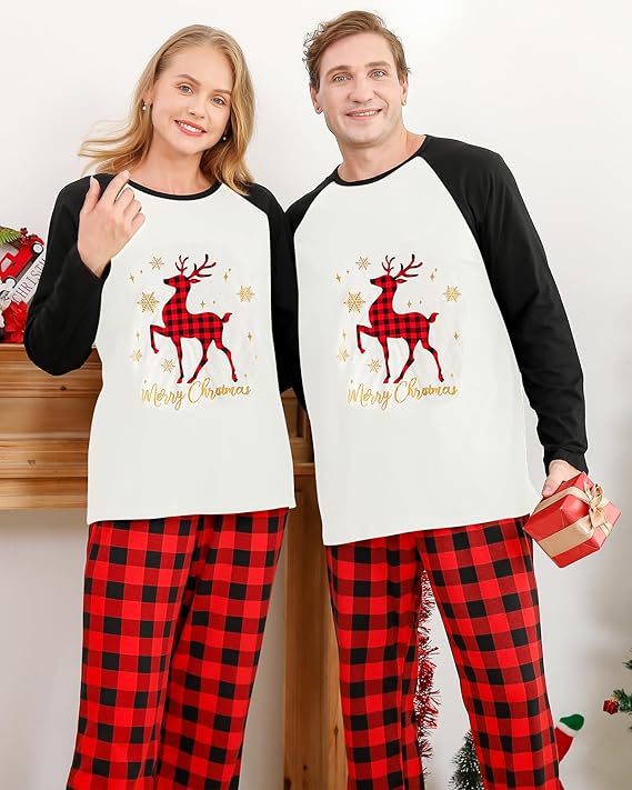 Christmas pajamas set with Christmas tree graphic raglan top and plaid pants