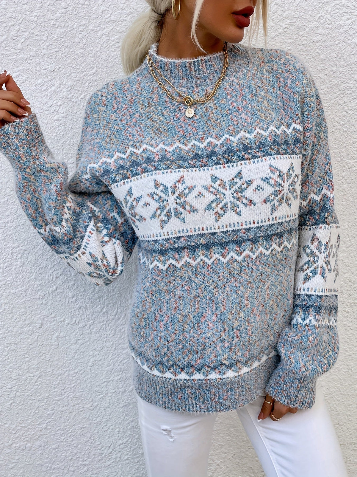 Womens Christmas sweater with snowflake pattern and mock neck