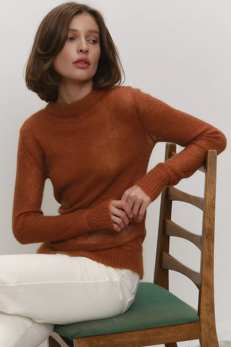 Women's sweaters, sheer crew neck pullover with long sleeves