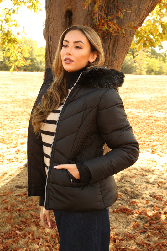 Womens puffer jacket with faux fur hood and removable belt for women