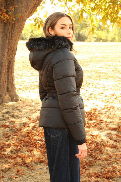 Womens puffer jacket with faux fur hood and removable belt for women