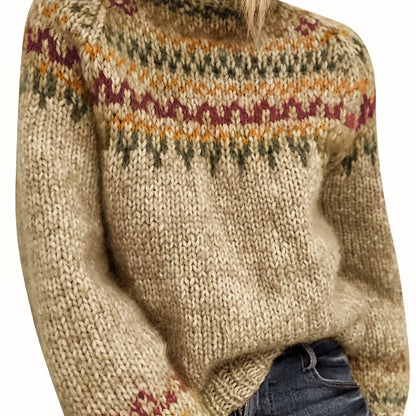 Women's sweaters with Fair Isle pattern and mock neck, long sleeve