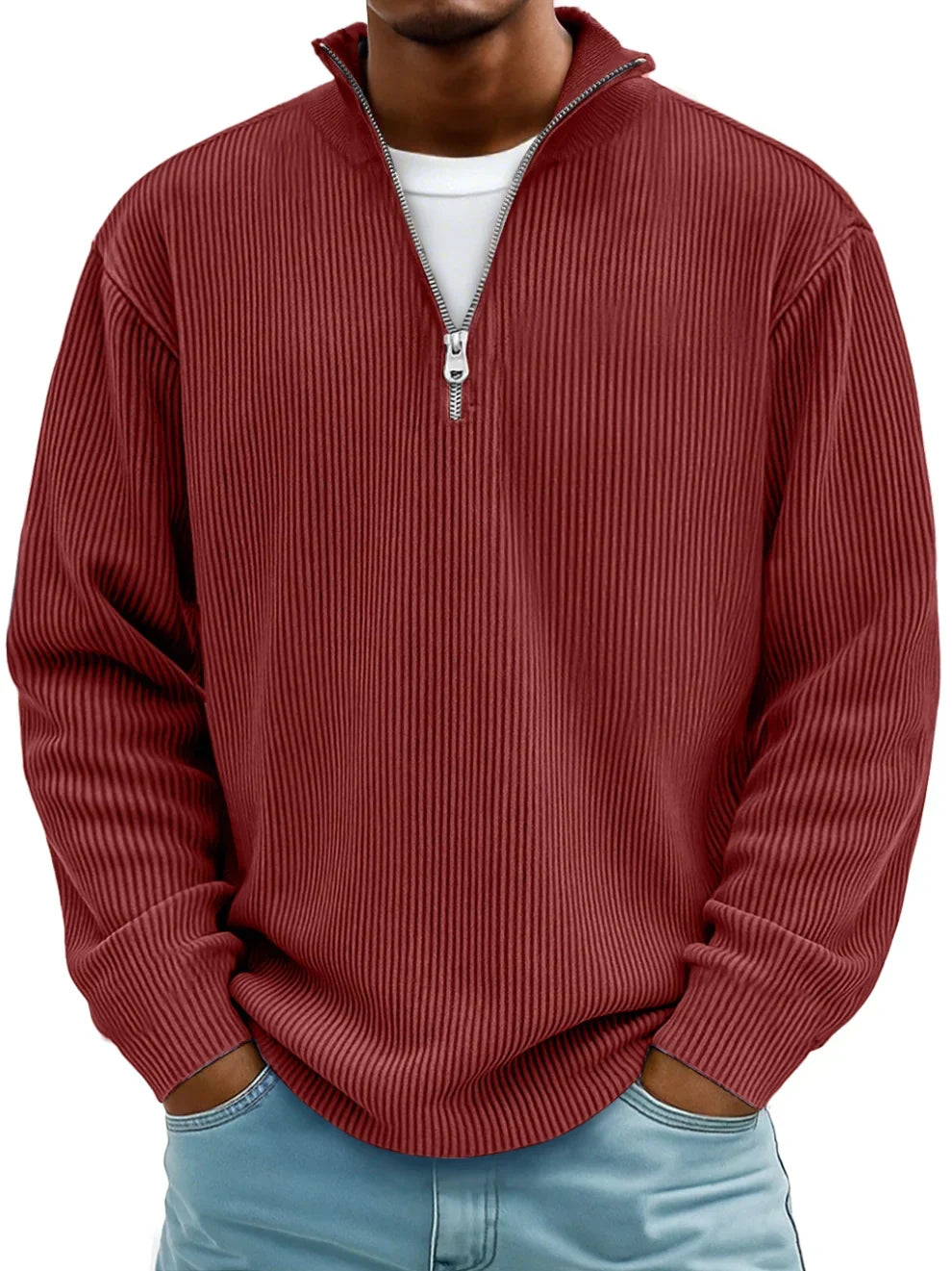 Quarter zip sweater for men with ribbed knit and stand collar