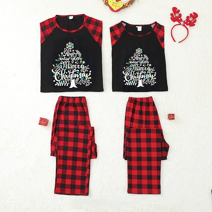 Christmas pajamas set with Christmas tree graphic raglan top and plaid pants