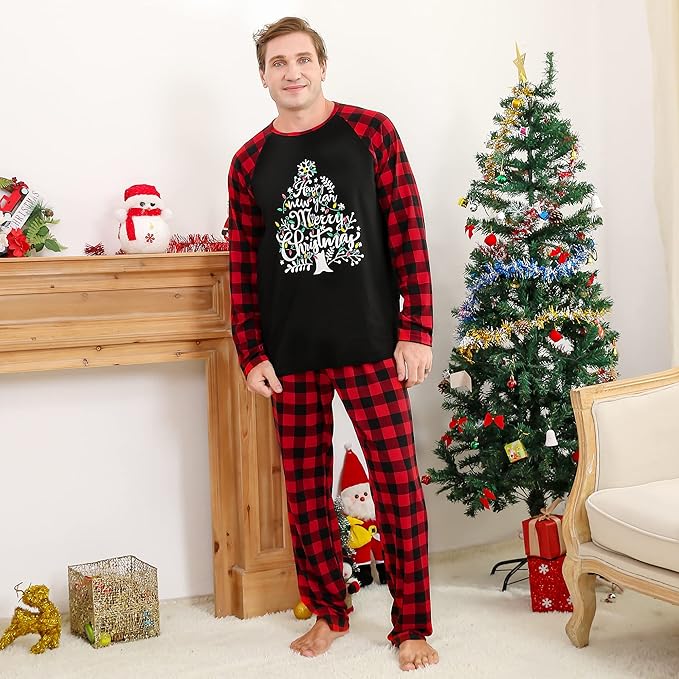 Christmas pajamas set with Christmas tree graphic raglan top and plaid pants
