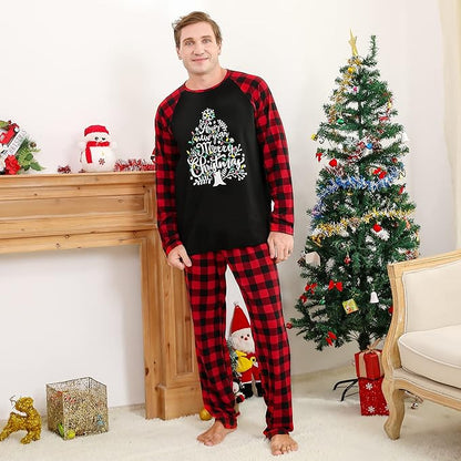 Christmas pajamas set with Christmas tree graphic raglan top and plaid pants