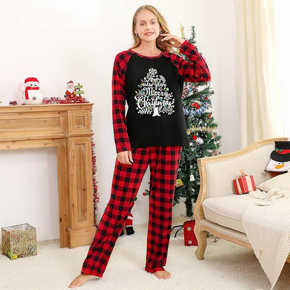 Christmas pajamas set with Christmas tree graphic raglan top and plaid pants