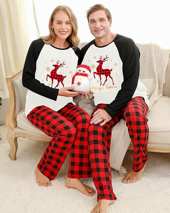 Christmas pajamas set with Christmas tree graphic raglan top and plaid pants