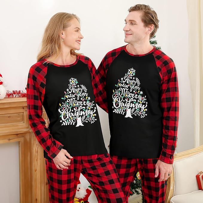 Christmas pajamas set with Christmas tree graphic raglan top and plaid pants