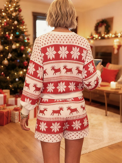Christmas pajamas for women, long sleeve reindeer print top and shorts set