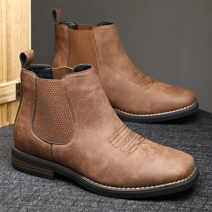 Chelsea boots for men with square toe and western stitching