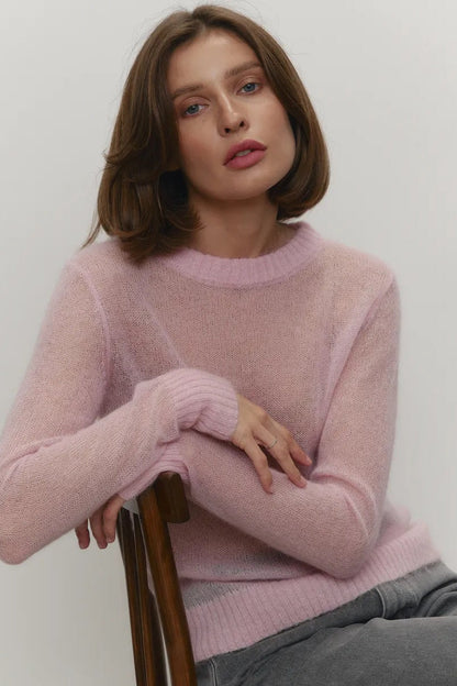 Women's sweaters, sheer crew neck pullover with long sleeves