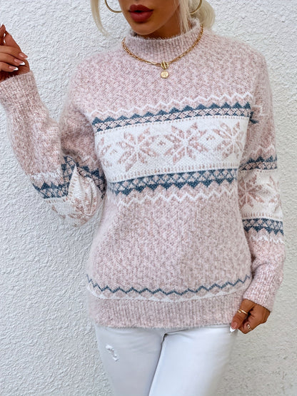 Womens Christmas sweater with snowflake pattern and mock neck
