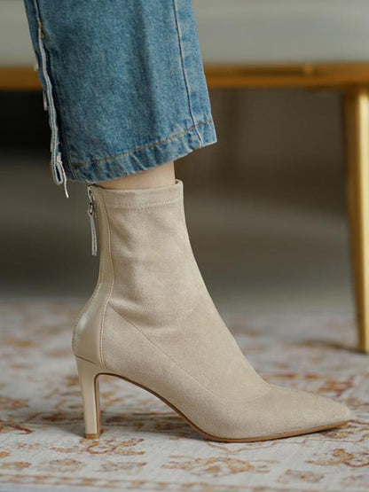 Pointed toe sock boots for women with back zip and high heel