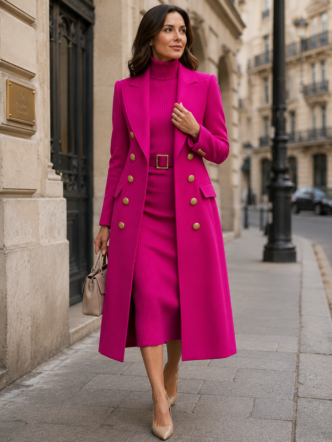 Double breasted coat and turtleneck midi dress set for women
