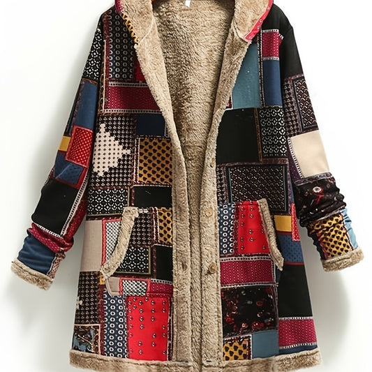 Button up hooded jacket for women with patchwork print and pockets