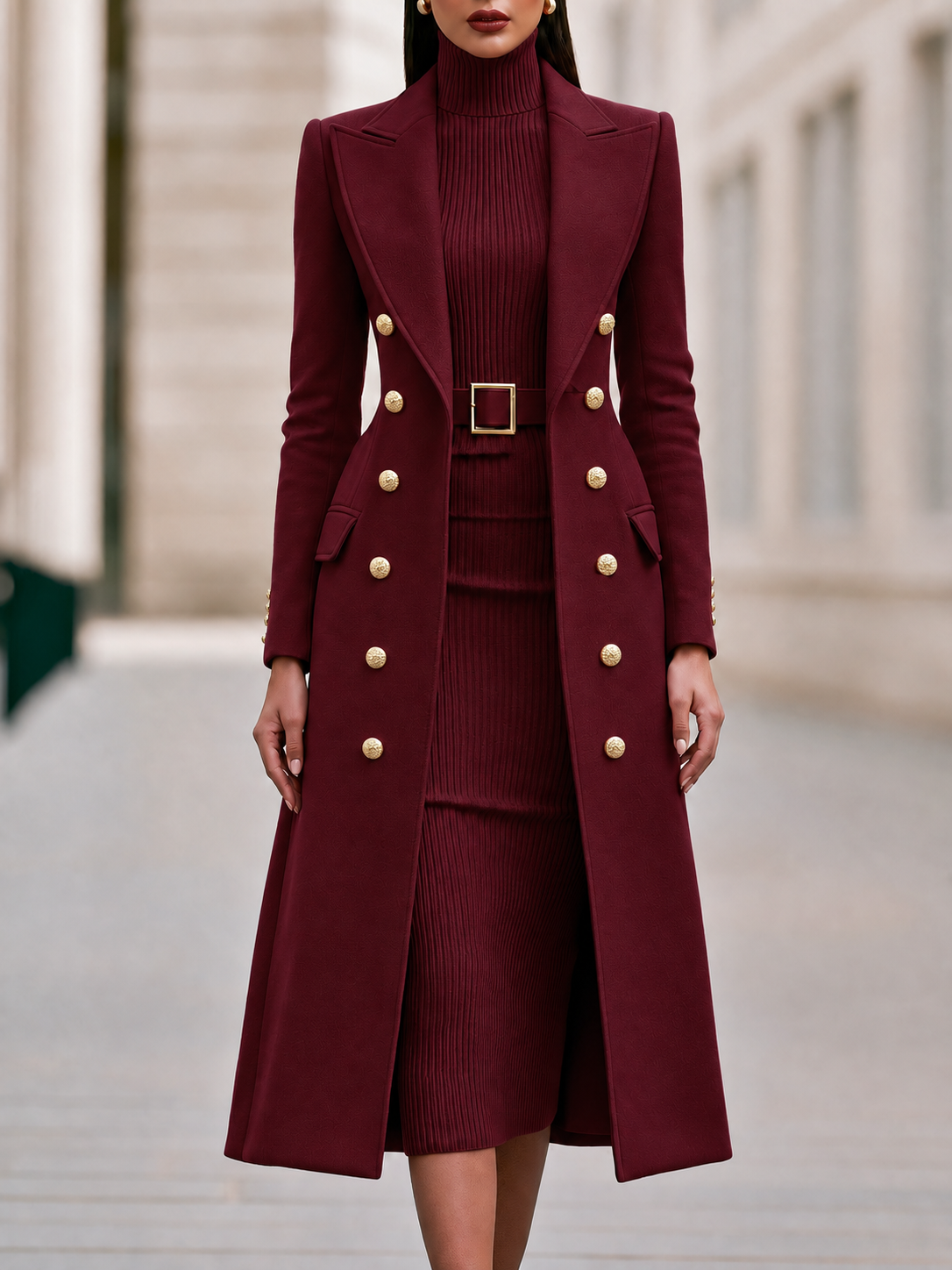 Double breasted coat and turtleneck midi dress set for women
