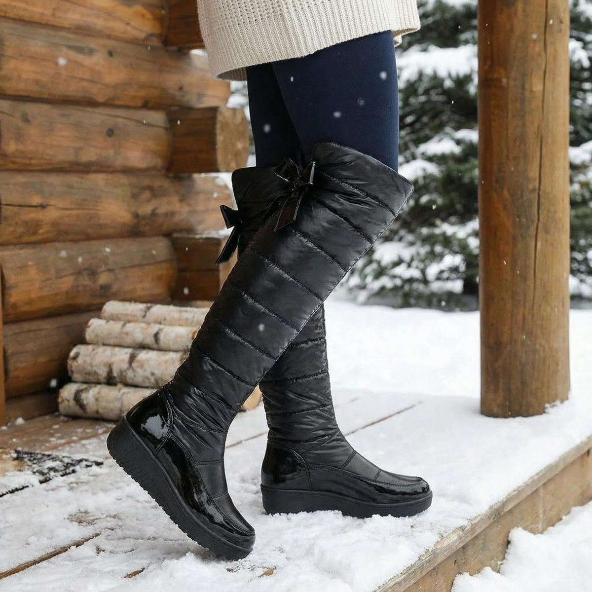 Women's winter boots, over the knee quilted puffer with wedge sole