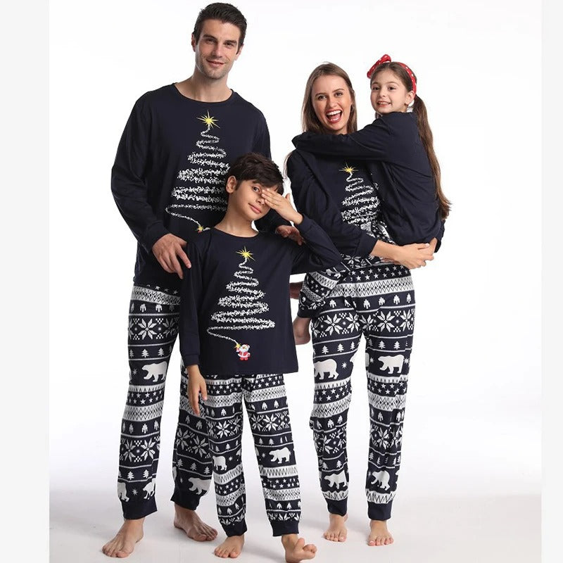 Christmas pajamas matching family set with tree graphic top and Nordic print pants