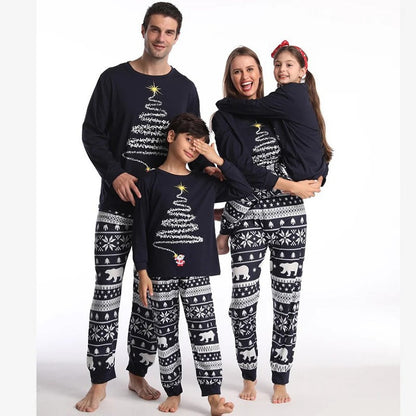 Christmas pajamas matching family set with tree graphic top and Nordic print pants