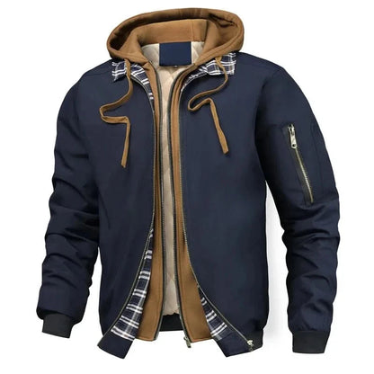 Hooded bomber jacket for men with plaid collar and sleeve pocket