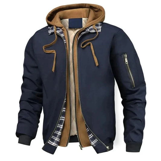 Hooded bomber jacket for men with plaid collar and sleeve pocket