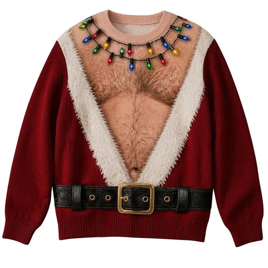 Ugly Christmas sweater for men, funny Santa crewneck with printed lights