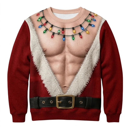 Ugly Christmas sweater for men, funny Santa crewneck with printed lights