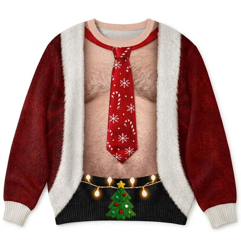 Ugly Christmas sweater for men, funny Santa crewneck with printed lights