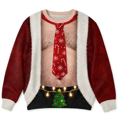 Ugly Christmas sweater for men, funny Santa crewneck with printed lights