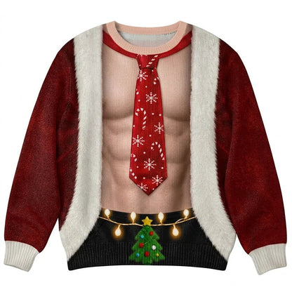 Ugly Christmas sweater for men, funny Santa crewneck with printed lights