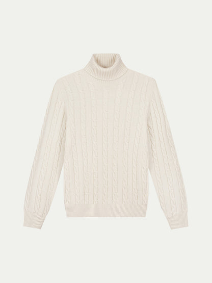Cable knit turtleneck sweater for men with ribbed collar and cuffs