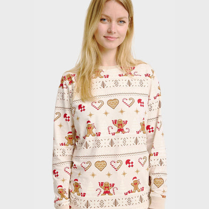 Christmas pajamas for women with gingerbread print, long sleeve set