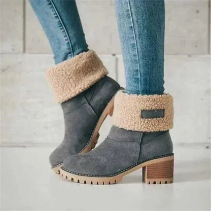 Women's winter boots with chunky block heel and fold over cuff