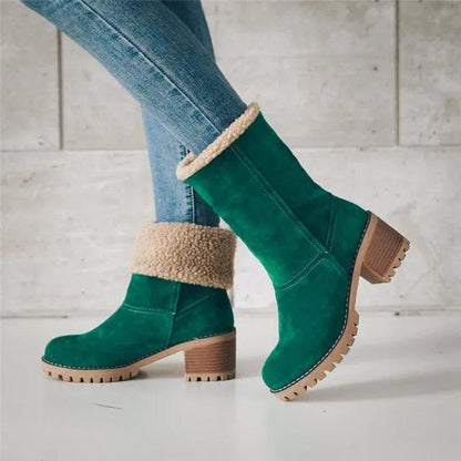 Women's winter boots with chunky block heel and fold over cuff